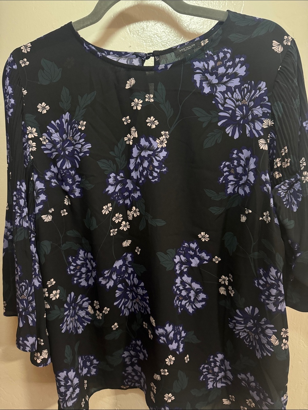 Ann Taylor Factory Black Blouse with Purple Floral Print size Large